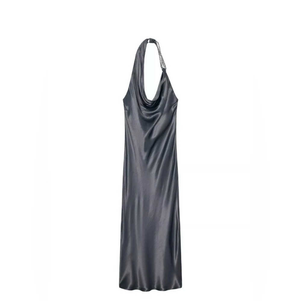 Zara gray satin cowl neck midi dress